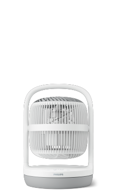 Krátký stolní ventilátor Philips řady 3000 s bílým vnějším povrchem a šedým podstavcem.