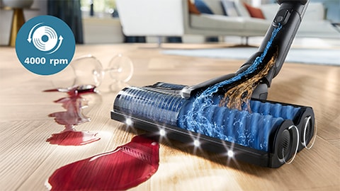 Bezdrátový vysavač Philips AquaTrio řady 9000 na vysávání a vytírání čistí pomocí patentovaného vysokorychlostního kartáče