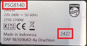 PSG8140 štítek výrobku s kódovým číslem 2422