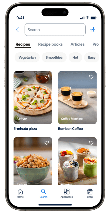 Chytrý telefon s obrazovkou aplikace HomeID zobrazující nabídku různých receptů